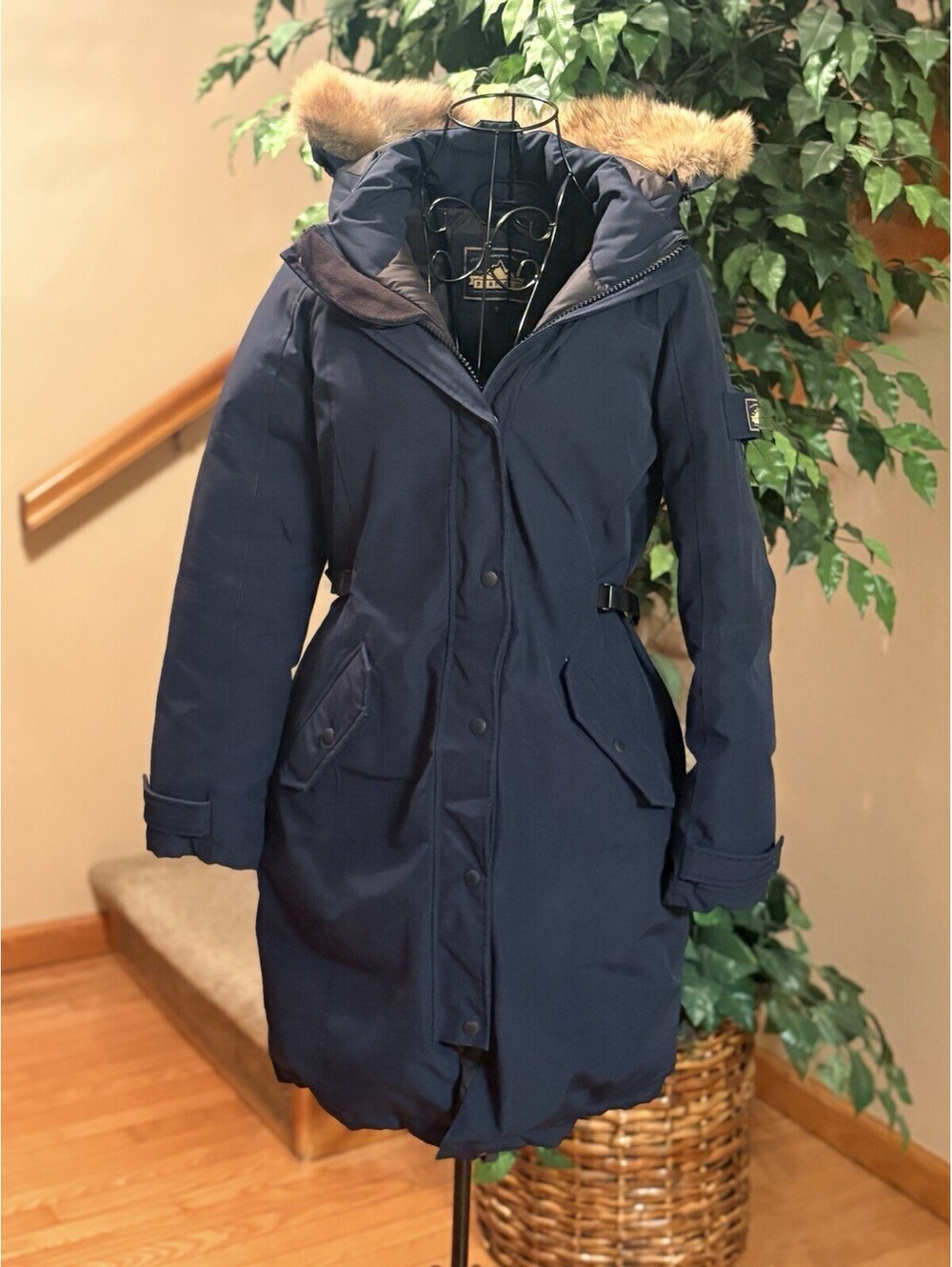 Penfield Heavy Down Parka Coat Coyote Fur Trimmed Hood Women’s Size S Navy Blue